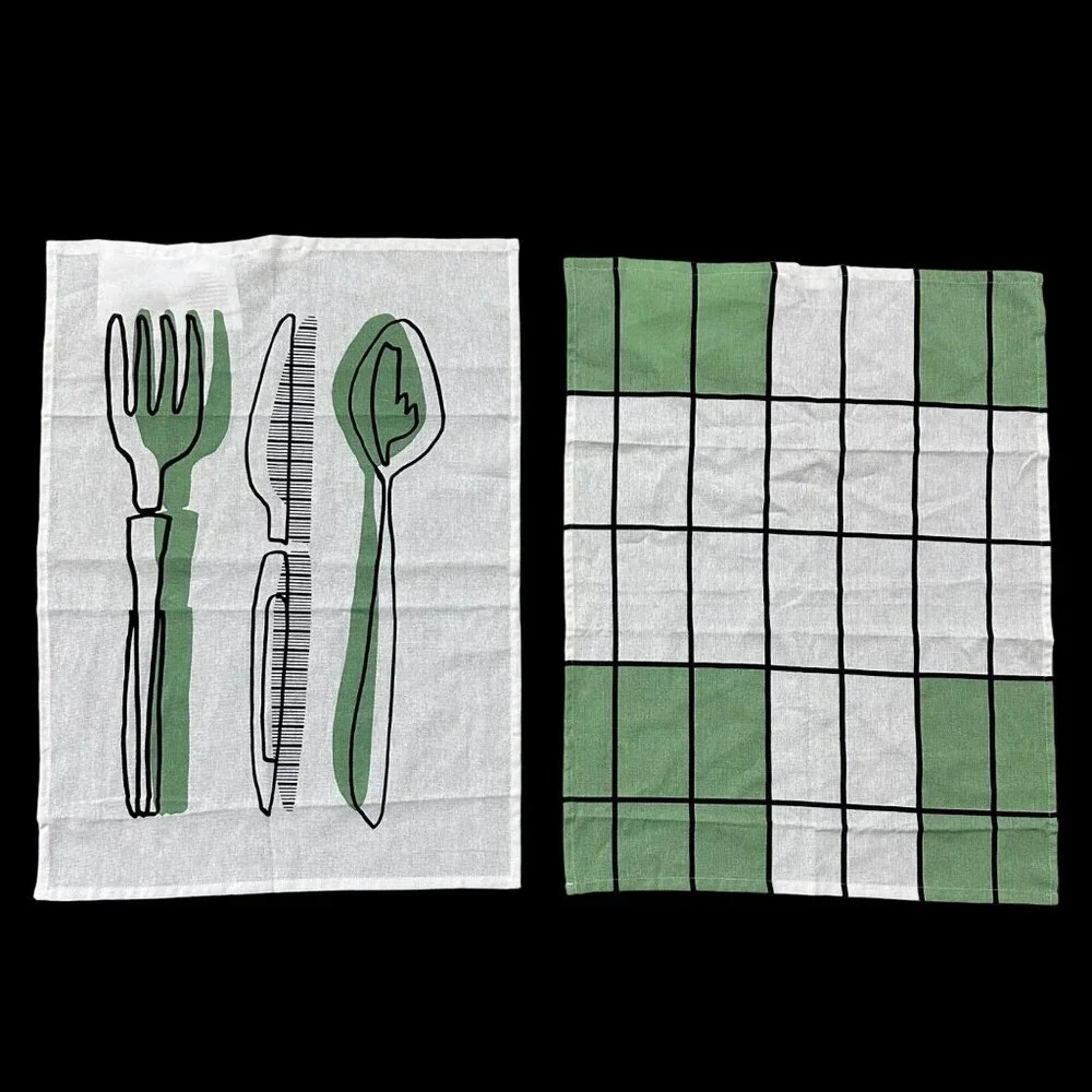 Kitschy Kitchen Dish Towels Green Black White Hanging Loop IKEA Rinnig Cotton - Picture 2 of 7